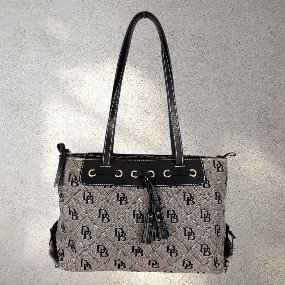 Vtg Dooney & Bourke Y2K Signature DB Monogram Canvas Shoulder Bag Leather Tassel